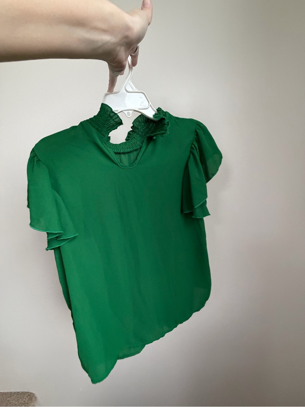 Emerald Green Ruffle Sleeve Smocked Neck Blouse - Picture 2 of 3